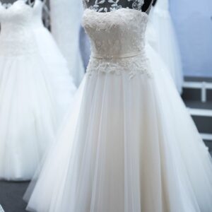 Showcasing elegant wedding dresses on mannequins, perfect for bridal fashion shows.